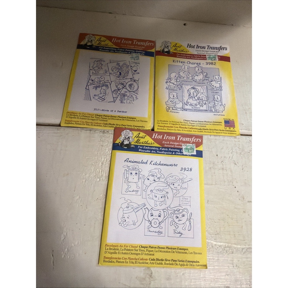 LOT of 3 Aunt Martha's Hot Iron Transfers for Embroidery - Uncut BORDERS